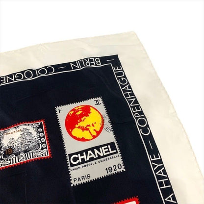 Chanel CC Logo Large Scarf Silk Worl Pattern Black Red White