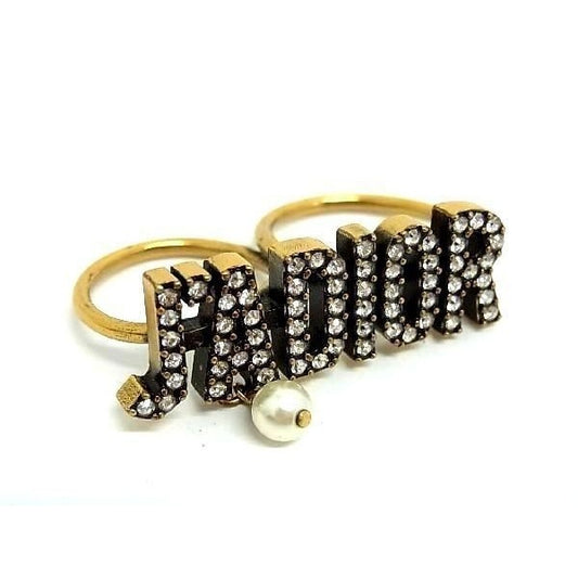 Dior Ring J'A Double Finger Gold Metal Rhinestone Faux