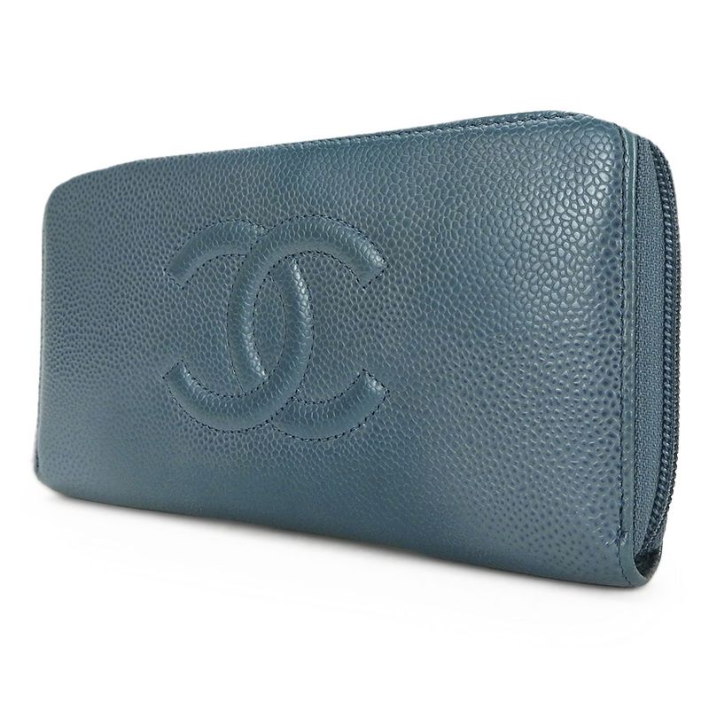 Chanel Long Wallet Coco Mark Caviar Skin Blue - Round Zipper Zippy 17 Ladies