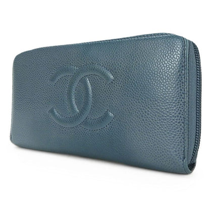 Chanel Long Wallet Coco Mark Caviar Skin Blue - Round Zipper Zippy 17 Ladies