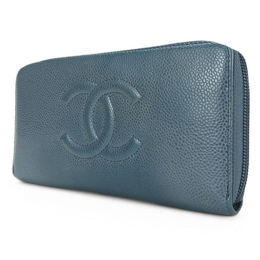 Chanel Long Wallet Coco Mark Caviar Skin Blue - Round Zipper Zippy 17 Ladies
