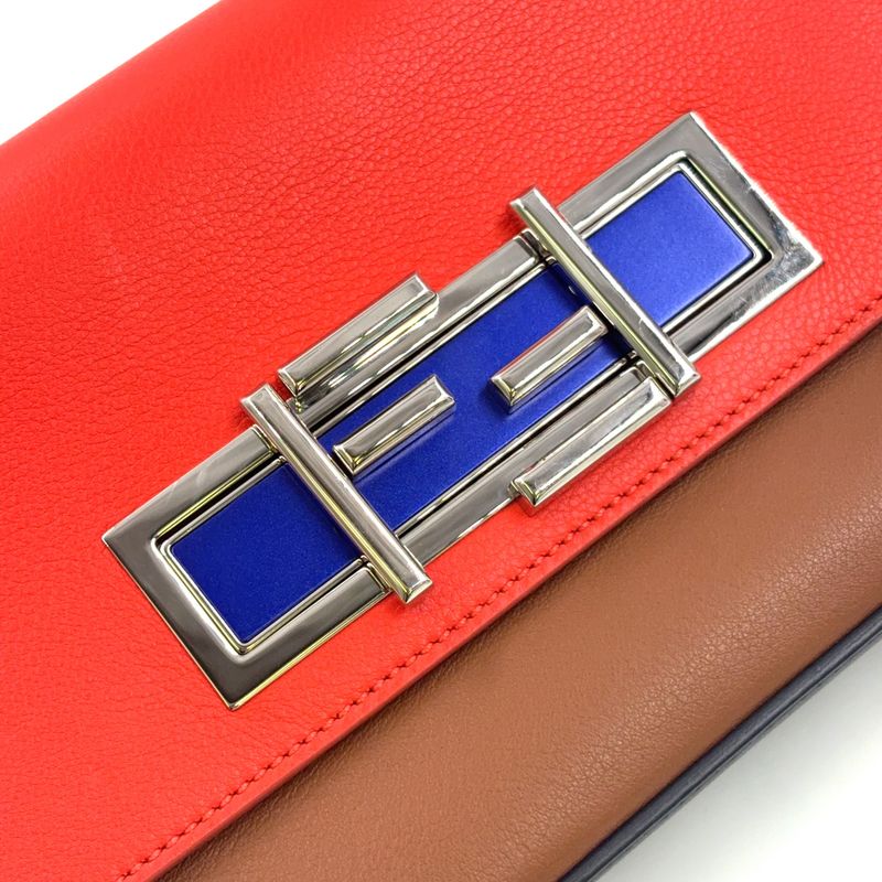 Fendi Baguette Chain Shoulder Leather Orange Brown And Black Shoulder Bag Silver