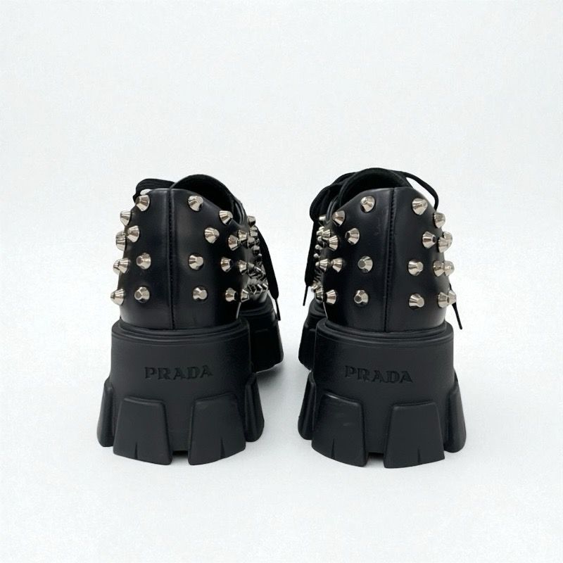 Prada Monolith Loafers Leather Shoes Leather Black Silver Studded Lace Up Shoes