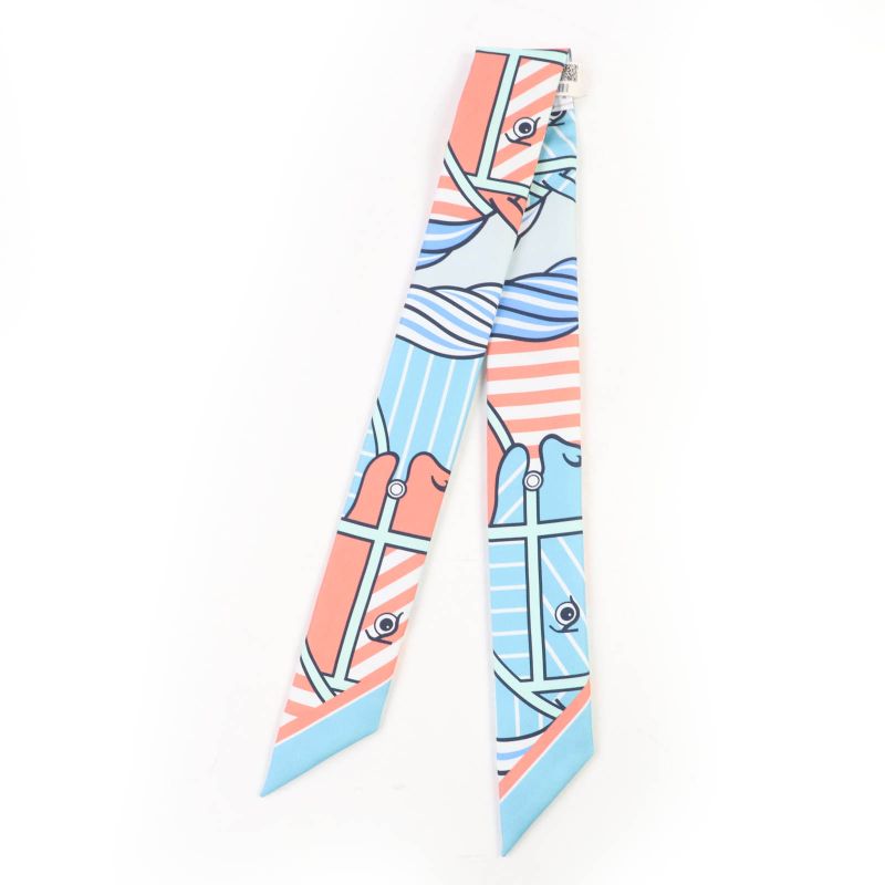 Hermes Twilly Cadrige Bayadere 100% Silk Aqua/vu Rose/blue Jean Scarf With Box