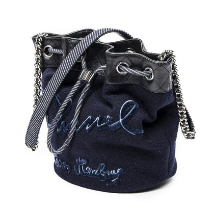 Chanel Embroidered Wool Bucket Chain Bag Navy Black Matelasse Lambskin Leather A