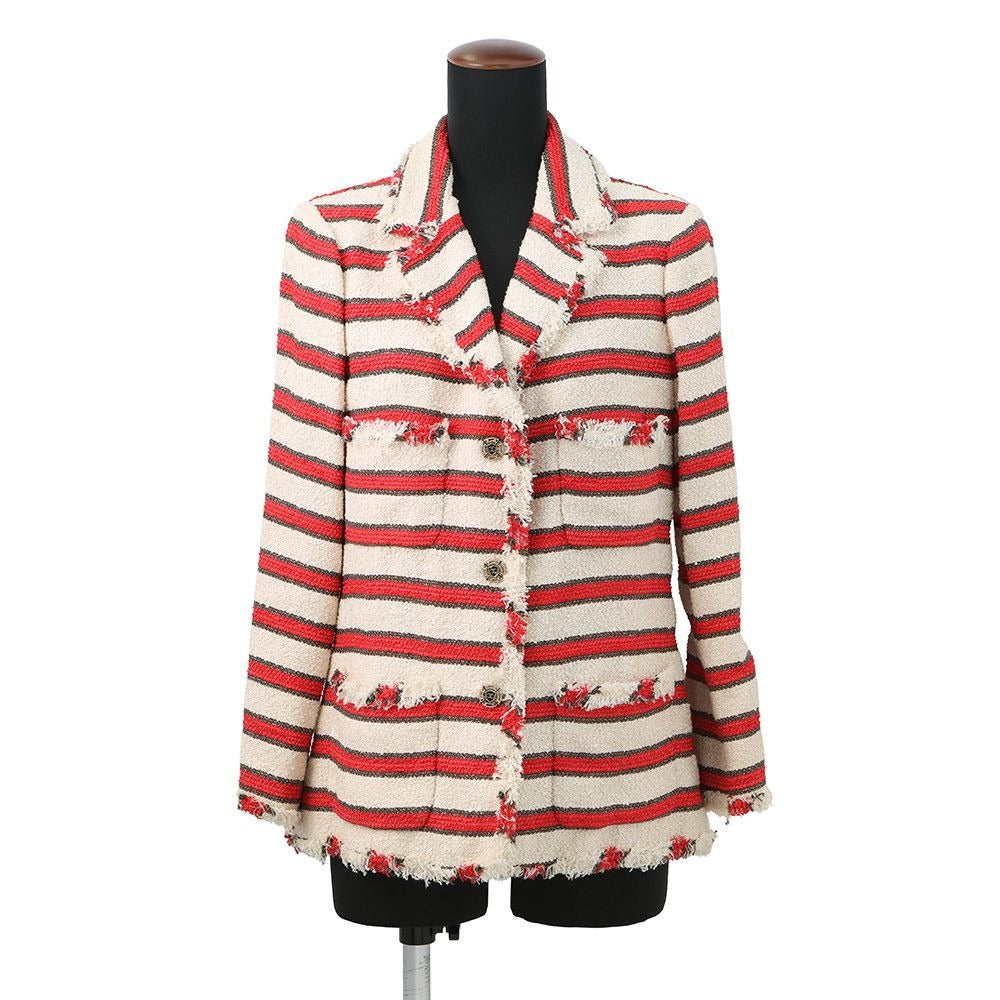 Chanel Jacket Tweed Stripe 42 Ivoryred Brown