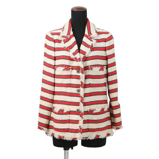 Chanel Jacket Tweed Stripe 42 Ivoryred Brown