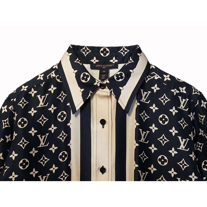 Louis Vuitton Monogram Pajama Shirt Silk Shirt Blouse Women's Tops Navy Ivory