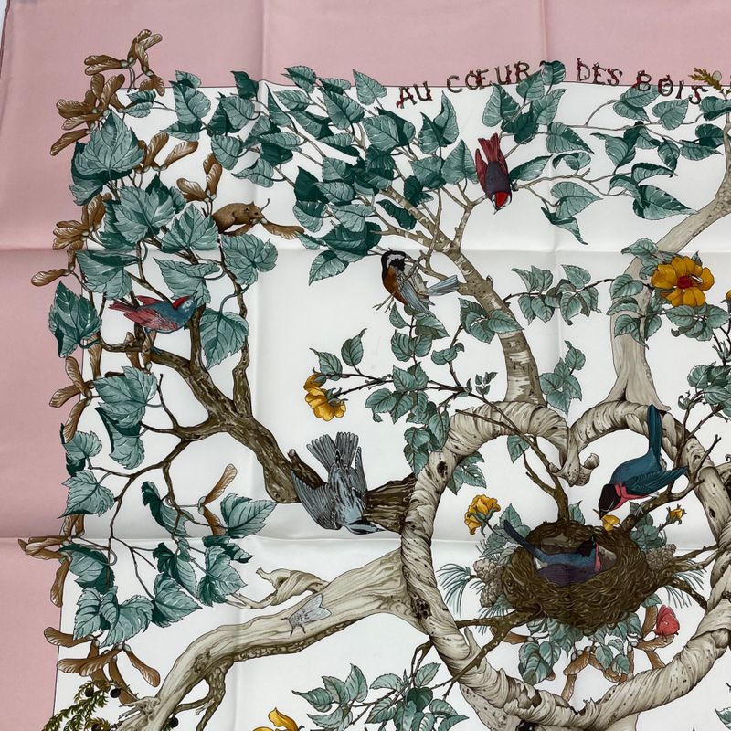 Hermes Carre 90 AU Coeur DES BOIS In The Woods Scarf Silk Pink With Box
