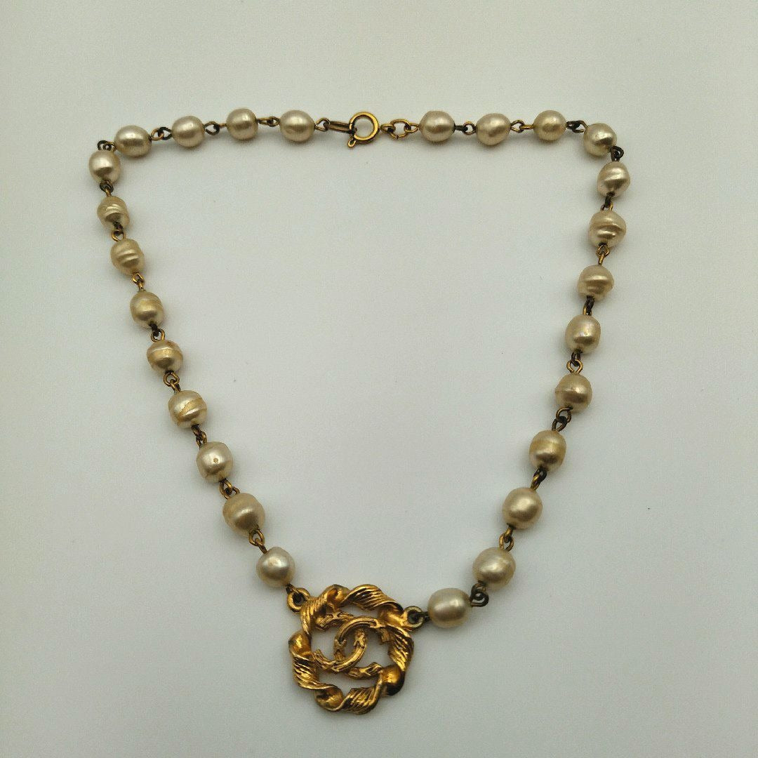 Chanel Gold Faux Pearl CC Logo Necklace Vintage