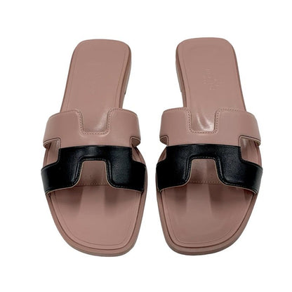 Hermes Oran Sandals Shoes Leather Pink Black Flat Sandals Mules