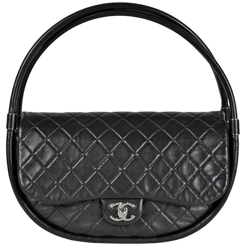 Chanel Hula Hoops Handbag Lamb Skin Black Silver Hardware Quilted