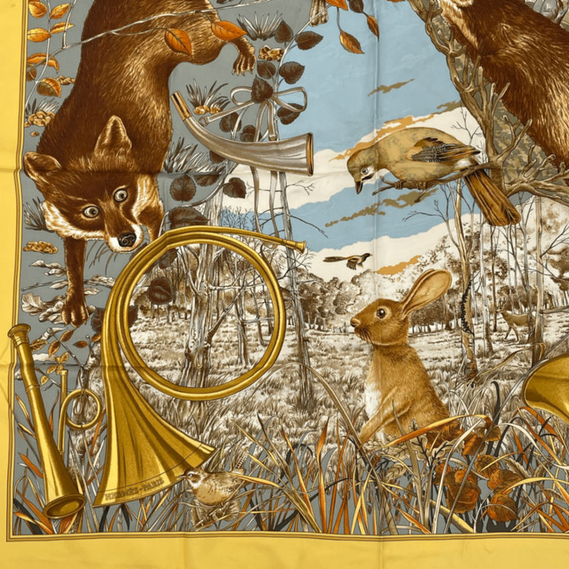 Hermes Carre 90 Chasse Au BOIS Hunting In The Woods Yellow Scarf 100% Silk