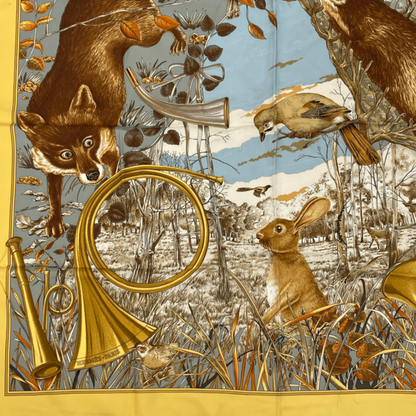 Hermes Carre 90 Chasse Au BOIS Hunting In The Woods Yellow Scarf 100% Silk