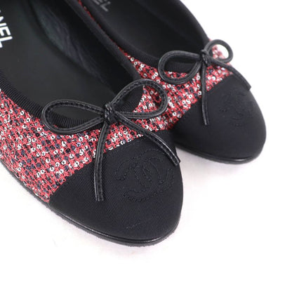 CHANEL G02819 Coco Mark Sequins Flat Shoes With Ribbon Pinkish 36.5 Storage