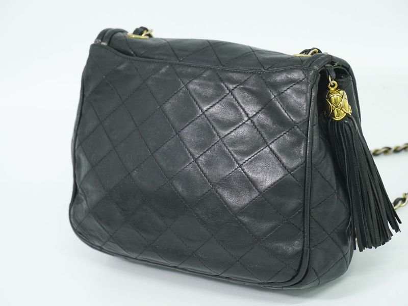 Authentic Chanel Coco Mark Matelasse Tassel Chain Shoulder Bag Leather Black