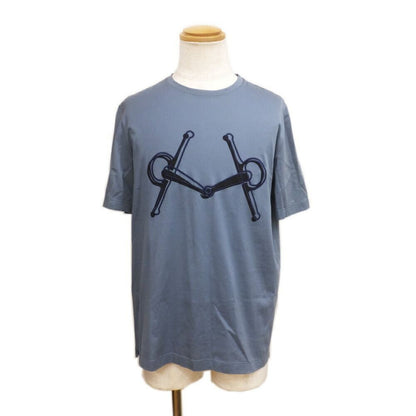 Hermes T-Shirt Horsebit Cotton Blue Horse Tackle Motif Embroidery Short Sleeve