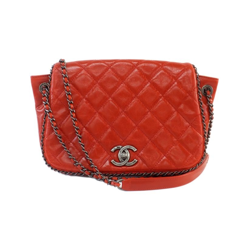 Chanel Quilted Chain Shoulder Red Bag Vintage Silver