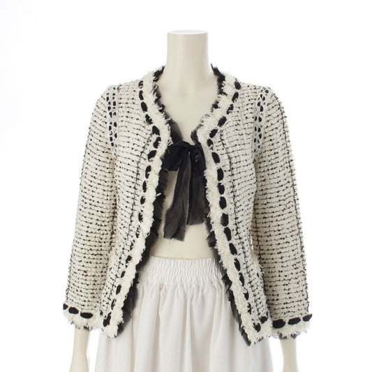Chanel Silk Blend Tweed Ribbon Collarless Jacket White Black 36