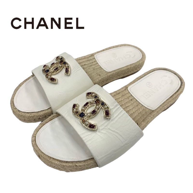 Chanel Sandals Shoes Leather White Gold Flat Sandals Coco Mark Colored Stone
