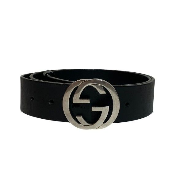 Gucci Interlocking 368186 Black Silver Hardware Branded Accessories Belt Men's