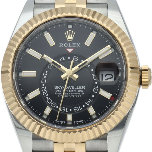 Rolex Sky Dweller Watch Jubilee Box 18k Yellow Gold SS Black Polished