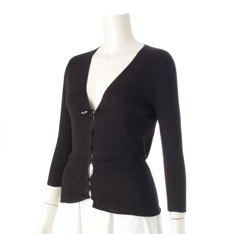 Prada Cashmere Silk Archive Ribbon Design V-neck Long Sleeve Cardigan Top Black