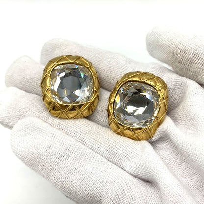 Chanel Large Earring Matelasse Clear Stone Gold Accessories Women's Fashion