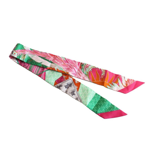 Hermes Twilly Horse and Phoenix Silk Pink Green Scarf