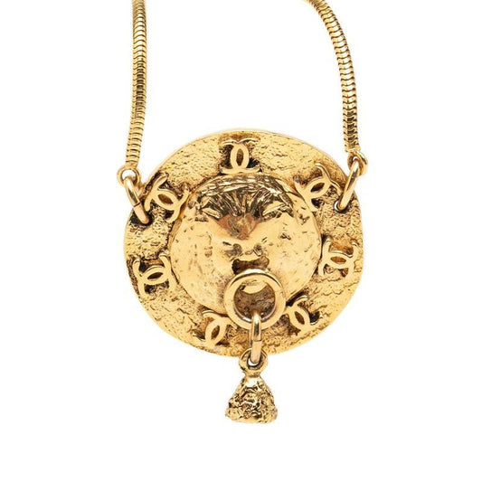 Chanel CC Logo Lion Motif Round Pendant Necklace Gold Plated