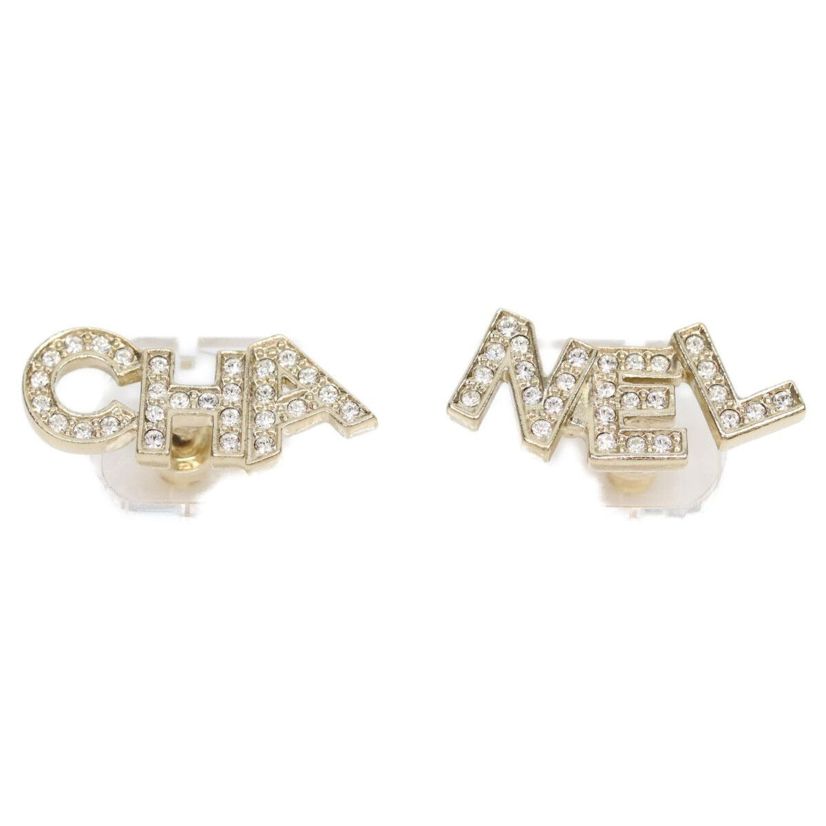 Chanel Gold Rhinestone Logo Earrings