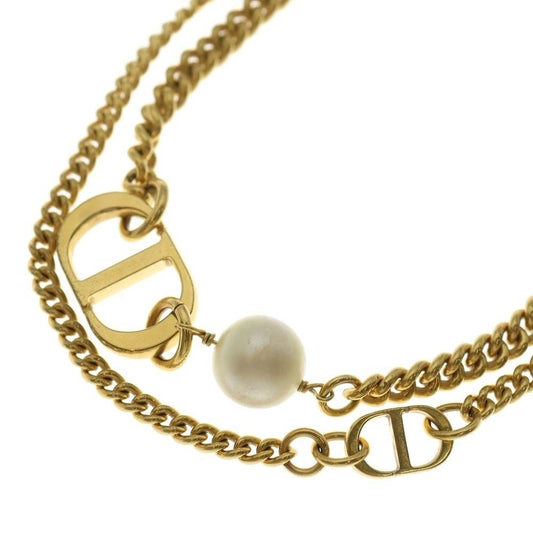 Dior CD Logo Pearl Double Chain Necklace Pendant Gold