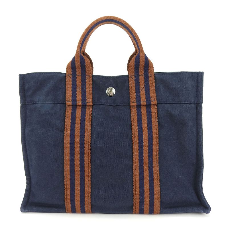 Hermes Tote Bag Fourre Tout PM Canvas Navy Brown Silverhardware Casual Usual