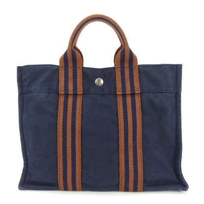 Hermes Tote Bag Fourre Tout PM Canvas Navy Brown Silverhardware Casual Usual