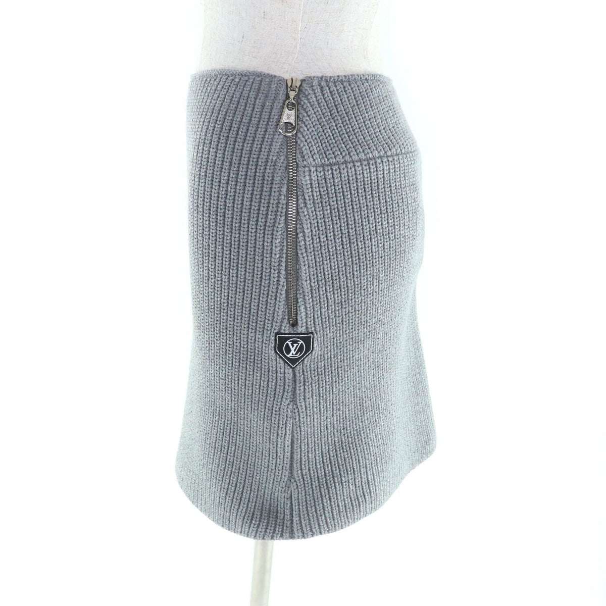 Louis Vuitton 24 AW Knit Skirt Grey Leather with Logo Patch Side Zip Trapezoid — view 2