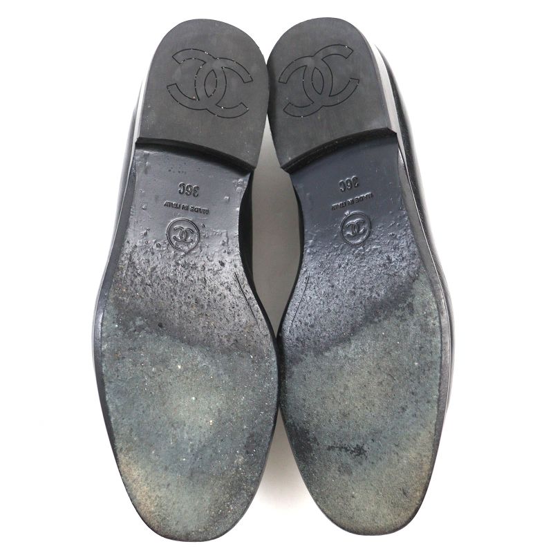 CHANEL 2023 23A G45008 Coco Mark Shiny Calfskin Leather Loafers Black 36