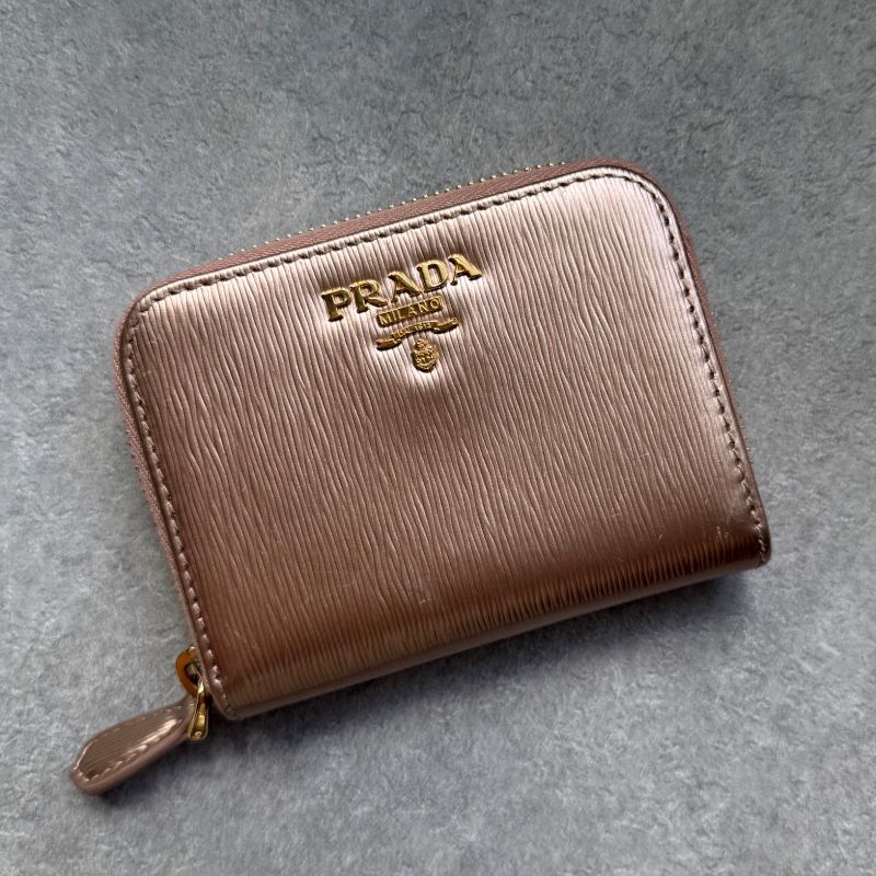 Prada Round Zipper Coin Case Card Case Viteromove Saffiano Pink Gold Box with