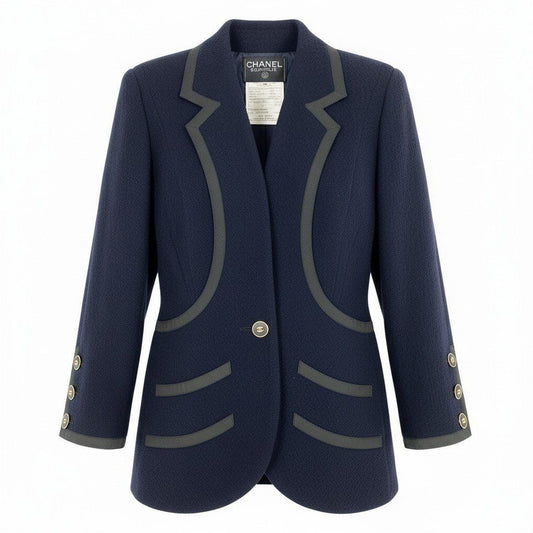 Chanel Cd9 Vintage Tweed Jacket Tailored CC Logo 36 Navy Wool