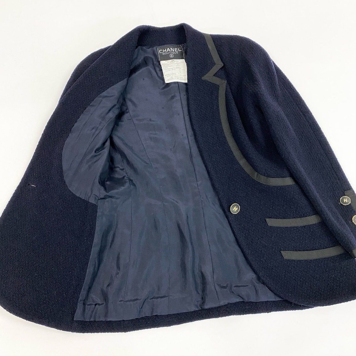Chanel Cd9 Vintage Tweed Jacket Tailored CC Logo 36 Navy Wool — view 4