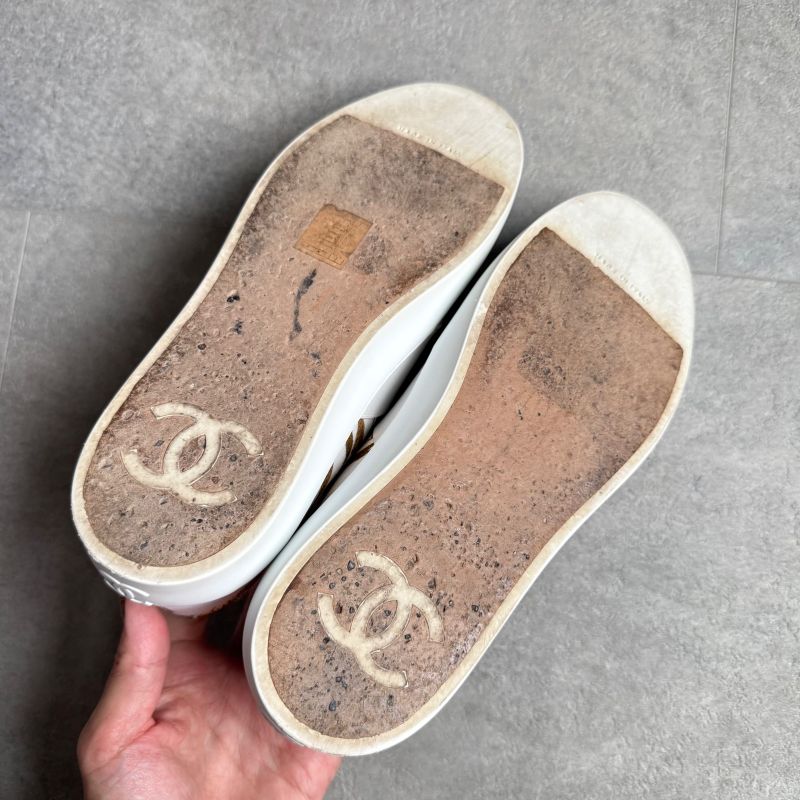 Chanel Coco Mark Leather White Gold Floral Slip on White Women's Branded Shoes