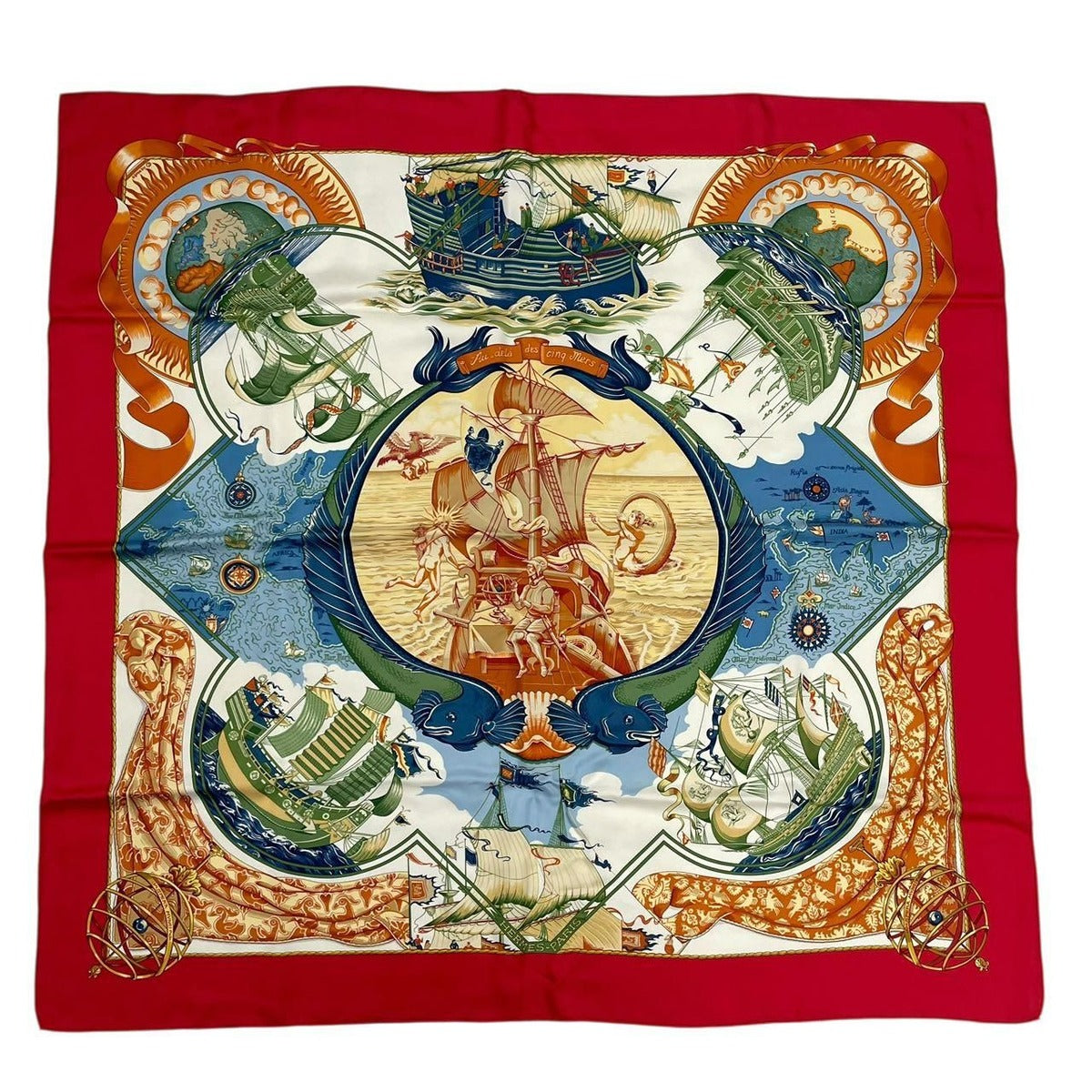 Hermes Scarf Carre 90 Pau Dela Des Cinq Mers Beyond the Five Seas Silk Red — view 2