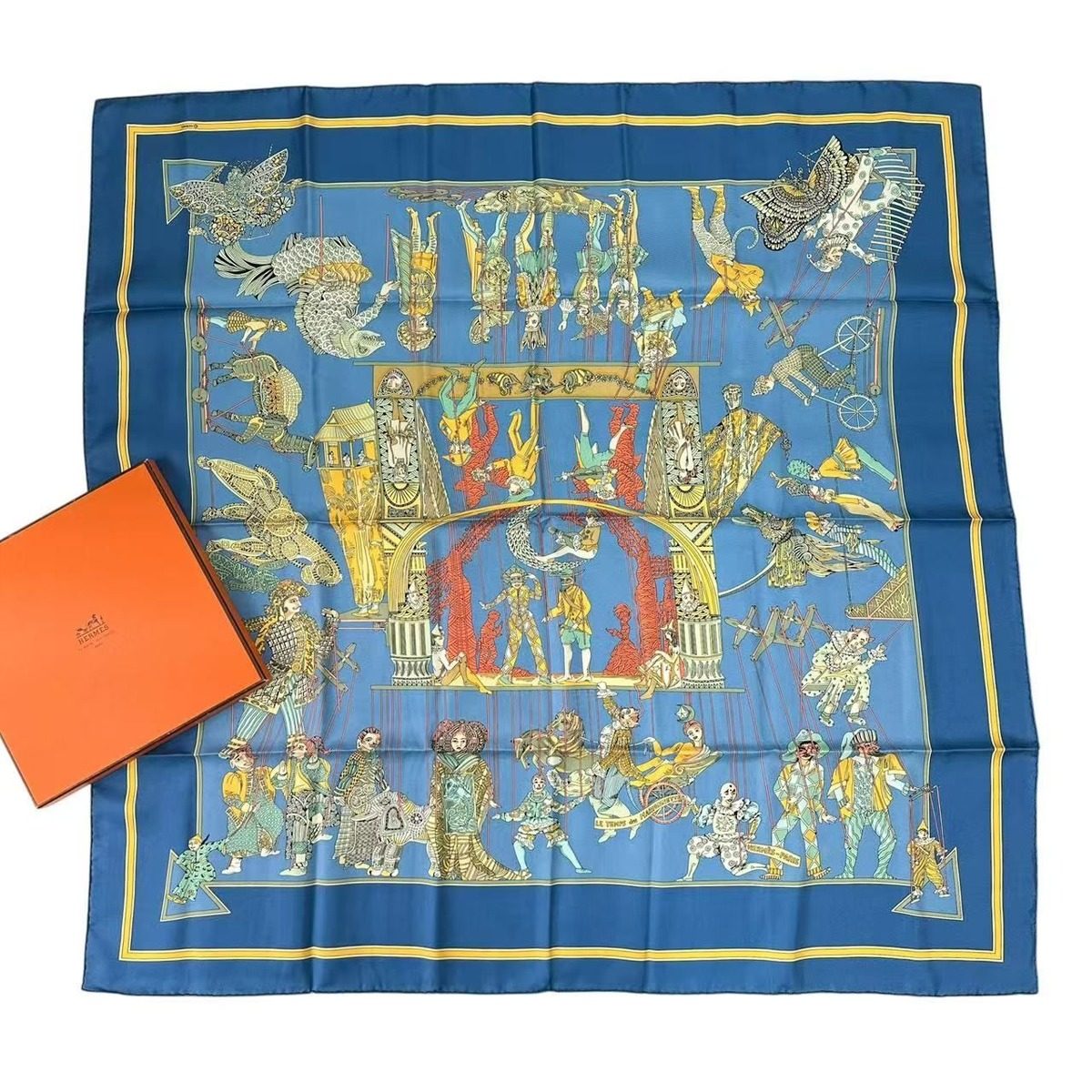 Hermes Carre 90 le Temps Des Marionnettes Marionette Time Silk Scarf Blue