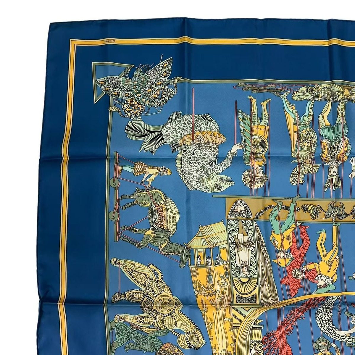 Hermes Carre 90 le Temps Des Marionnettes Marionette Time Silk Scarf Blue — view 3