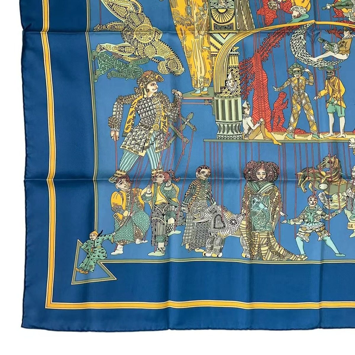 Hermes Carre 90 le Temps Des Marionnettes Marionette Time Silk Scarf Blue — view 5