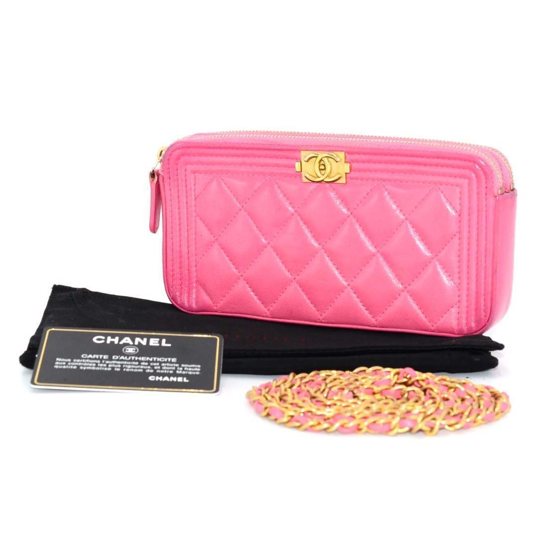 Chanel Boy Chain Wallet Quilted Pink