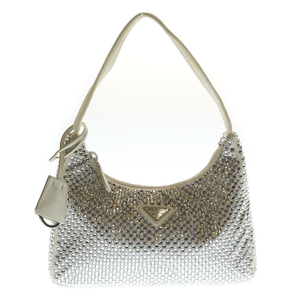 Prada Shoulder Bag Rhinestone White Nylon Silver