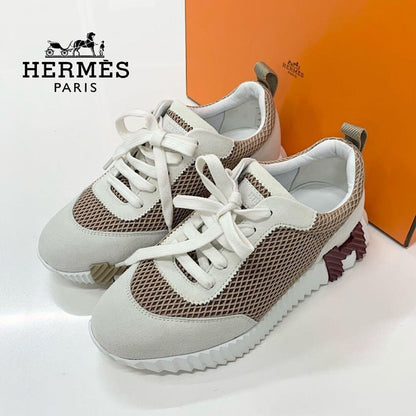 Hermes Bouncing Suede Mesh Sneakers Beige White