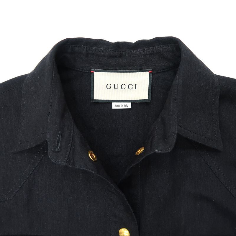 Gucci Long Sleeve Shirt Gold Logo 40 595268 BK Gold Button Back Print