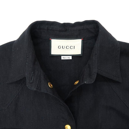 Gucci Long Sleeve Shirt Gold Logo 40 595268 BK Gold Button Back Print