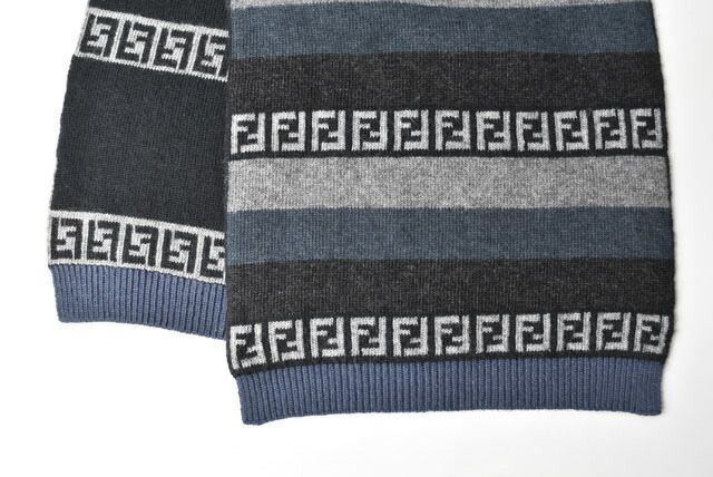 Fendi Scarf Fendi Winter Scarf Wool Blend FF Zucca Pattern Striped Blue Gray